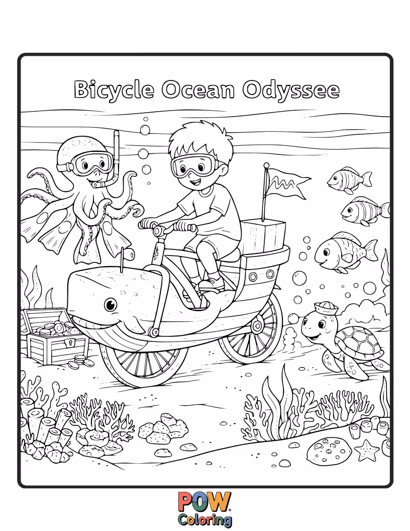 Free coloring page of A charming bicycle exploring the underwater world, with friendly fish and gentle waves, a unique marine adventure.