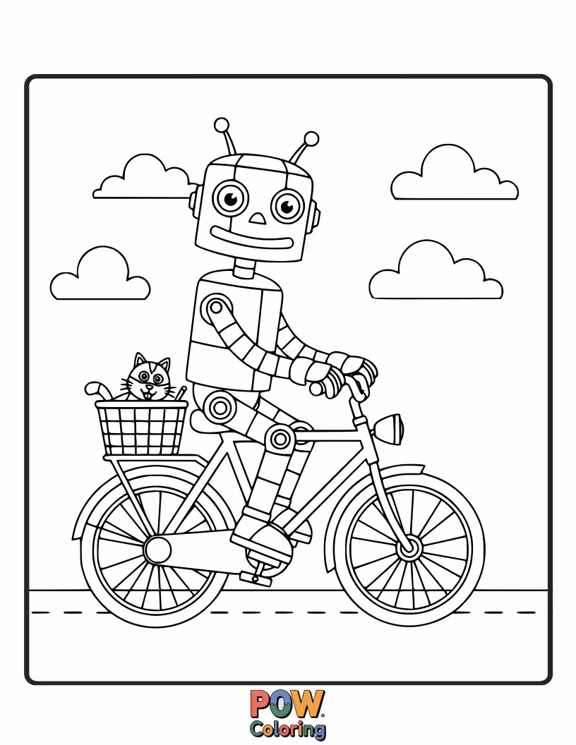 Free coloring page of A cool, futuristic bicycle with gears and blinking lights, a fun mechanical adventure for creative minds.