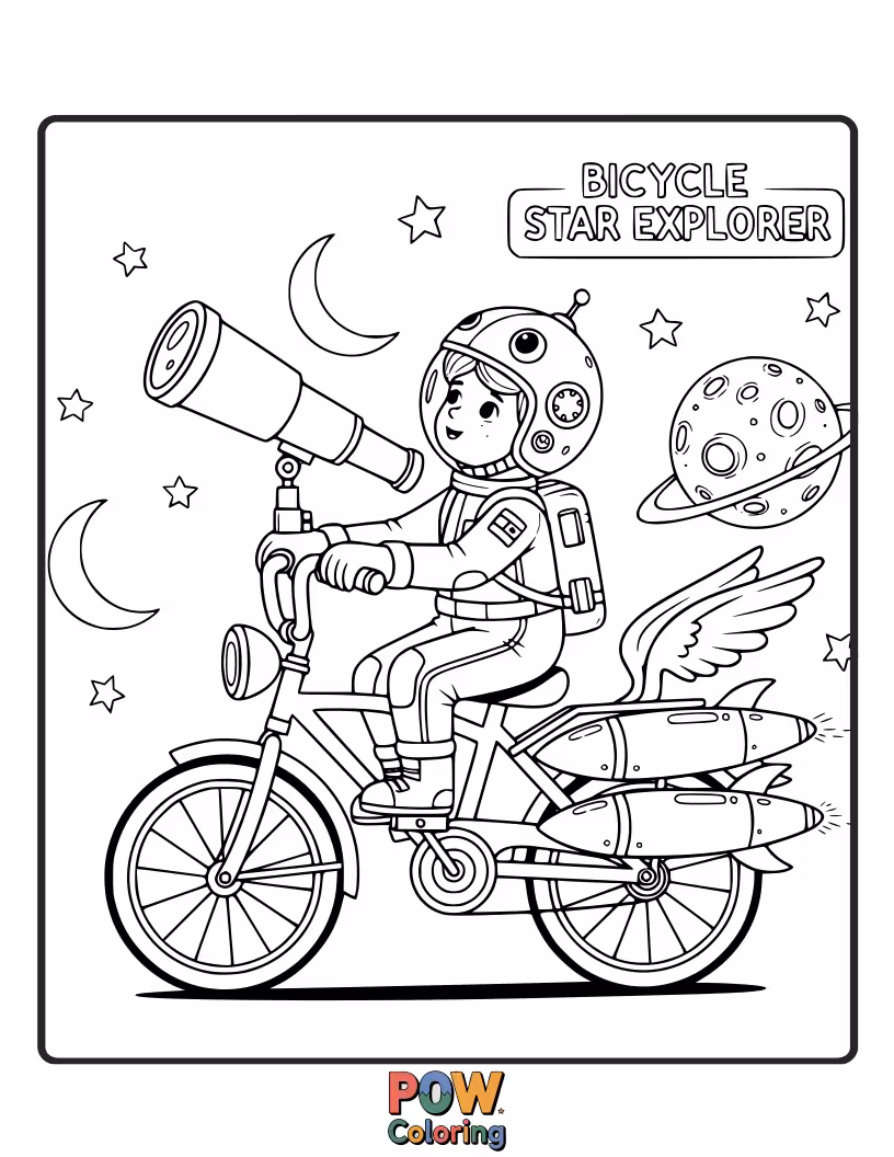Free coloring page of A space-themed bicycle with rockets and stars, embarking on an exciting journey through the galaxy.