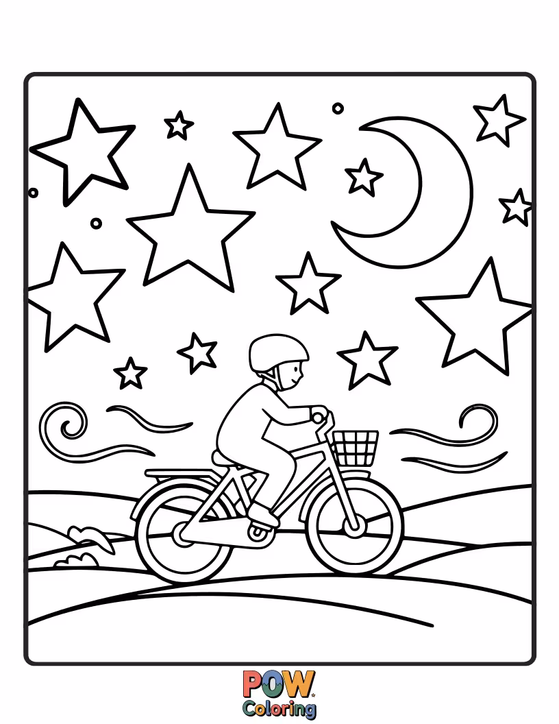 Free coloring page of A serene bicycle silhouetted against a night sky filled with twinkling stars and a gentle moon.