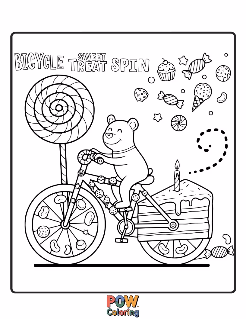 Free coloring page of A fun bicycle made of delicious sweets like candy, cupcakes, and cookies, a delightful sugary escapade.