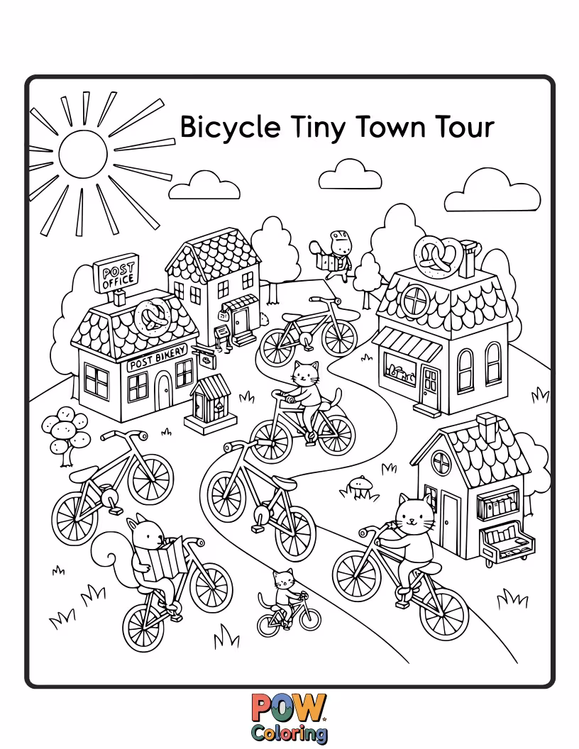 Free coloring page of A sweet, miniature bicycle navigating a delightful tiny town filled with cozy houses and winding paths.