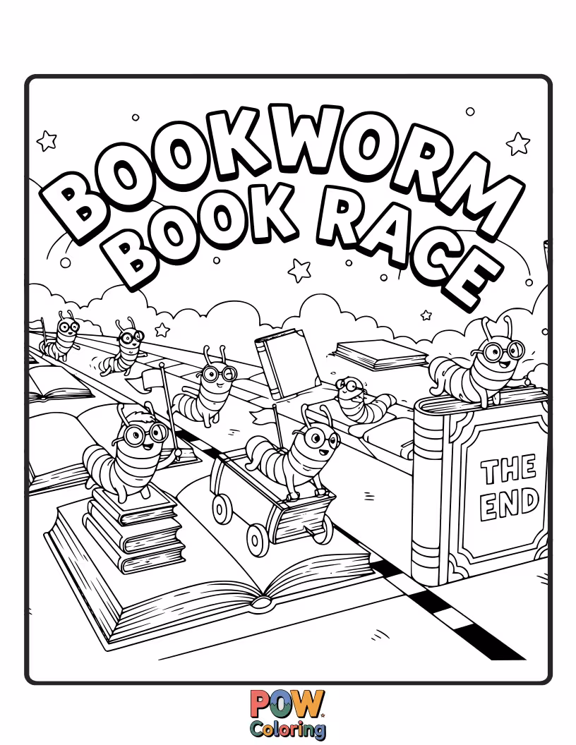 Free coloring page of A tiny bookworm with glasses is speed-reading its way through a stack of books in a literary race.