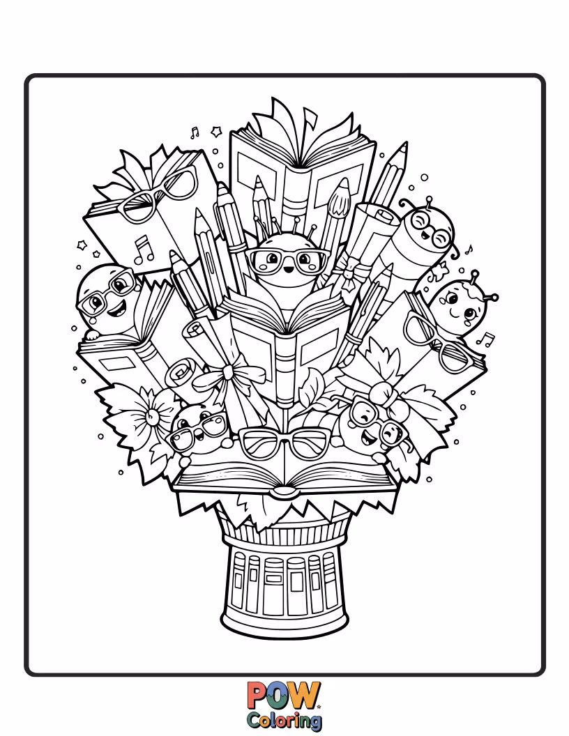 Free coloring page of Literary leaves and flower pages form this charming bouquet, a reader's dream.