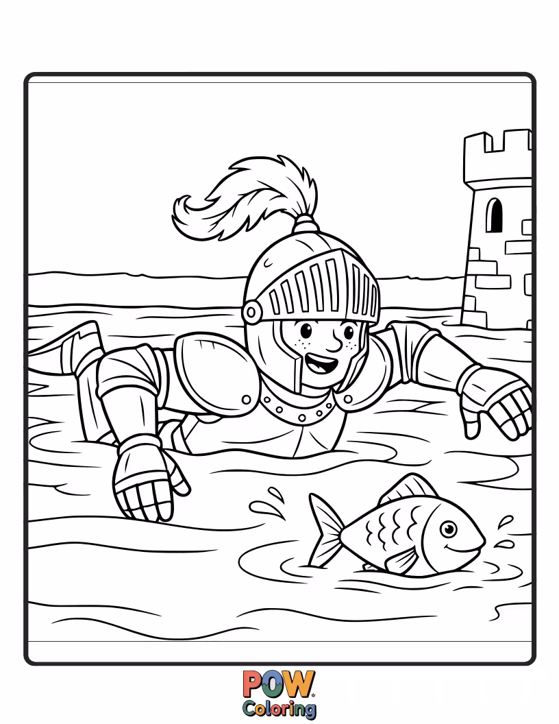Free coloring page of A knight in shining armor bravely swims across a moat, perhaps on a quest for underwater dragon eggs.