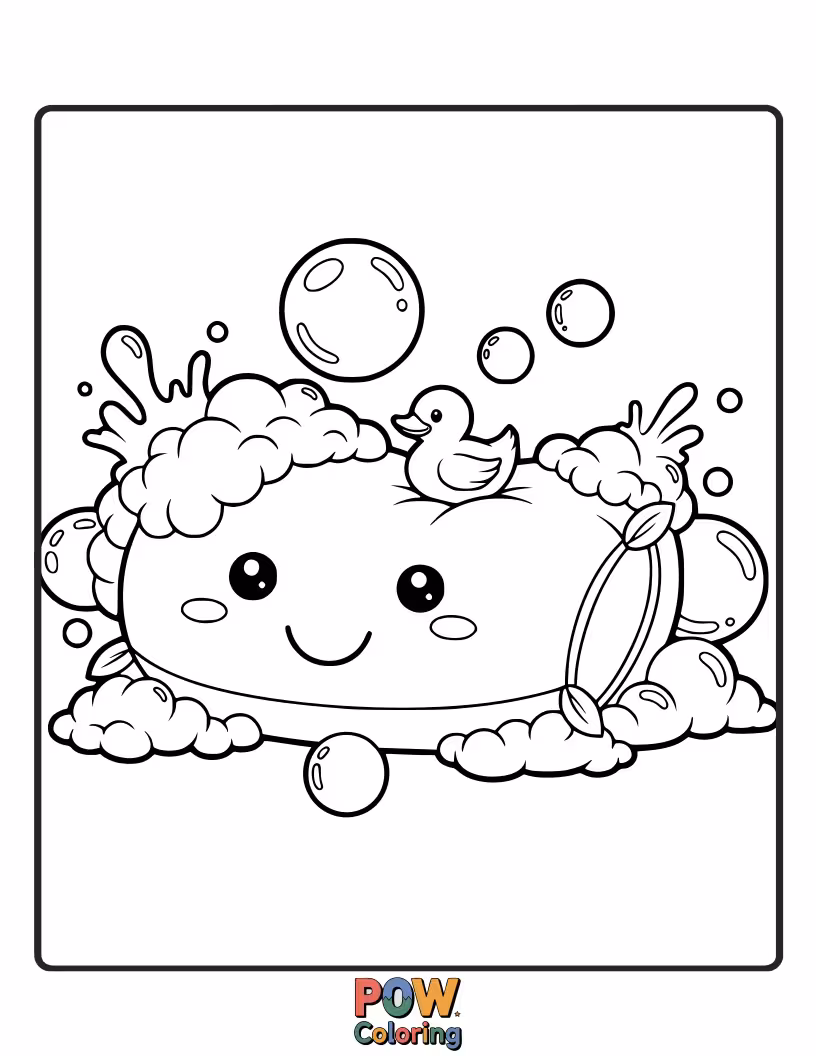 Free coloring page of A playful pillow shaped like a bubbly cloud, floating in a serene bathtub. Imagine the soapy fun you can add!