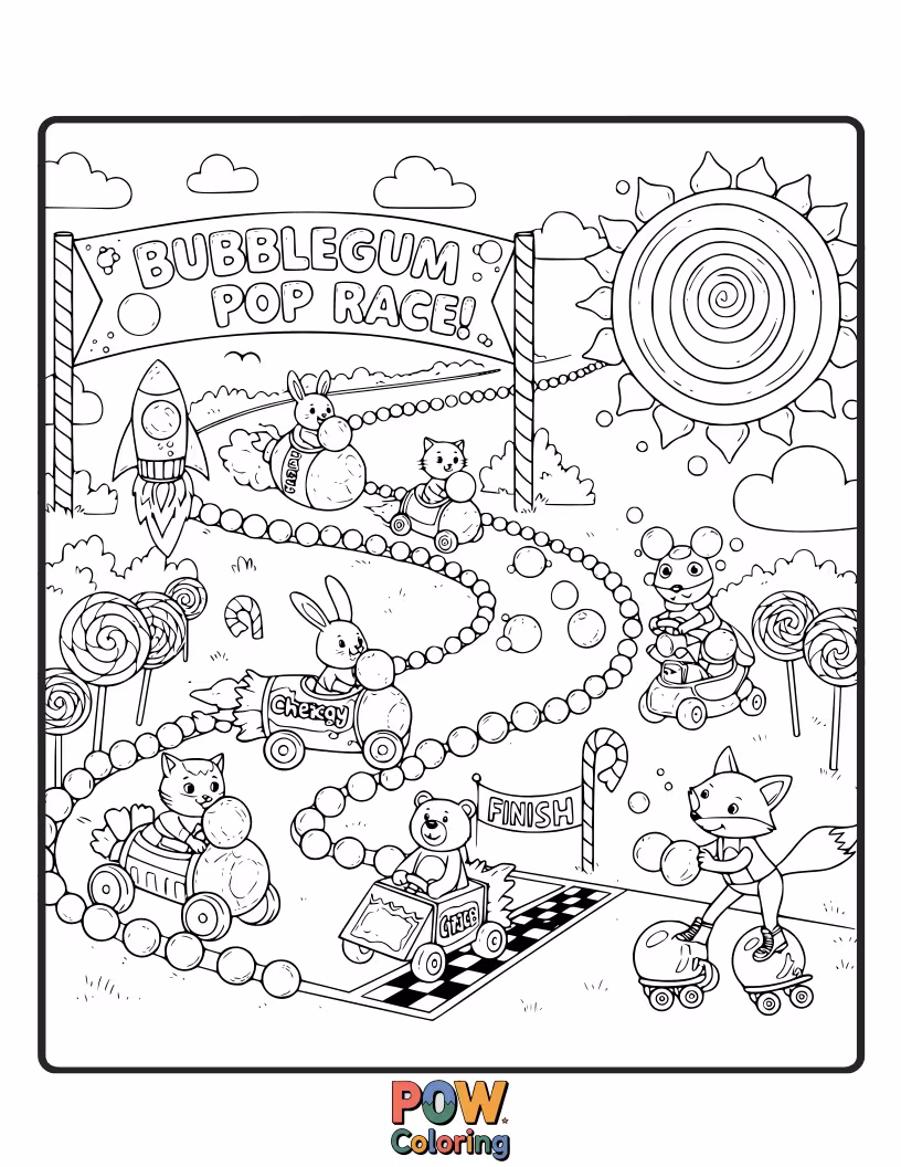 Free coloring page of Gigantic, colorful bubblegum bubbles are being blown and raced, each one representing a sweet victory.