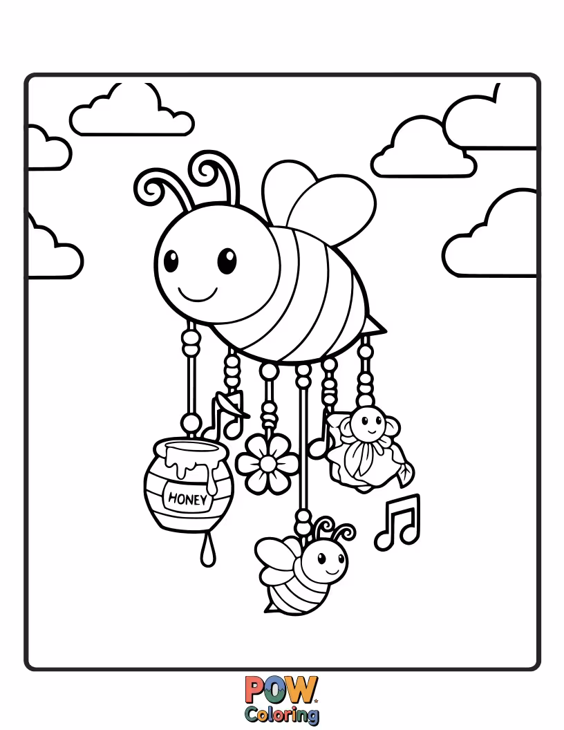 Free coloring page of Energetic bees buzzing around sweet-smelling flowers adorned with cheerful wind chimes.
