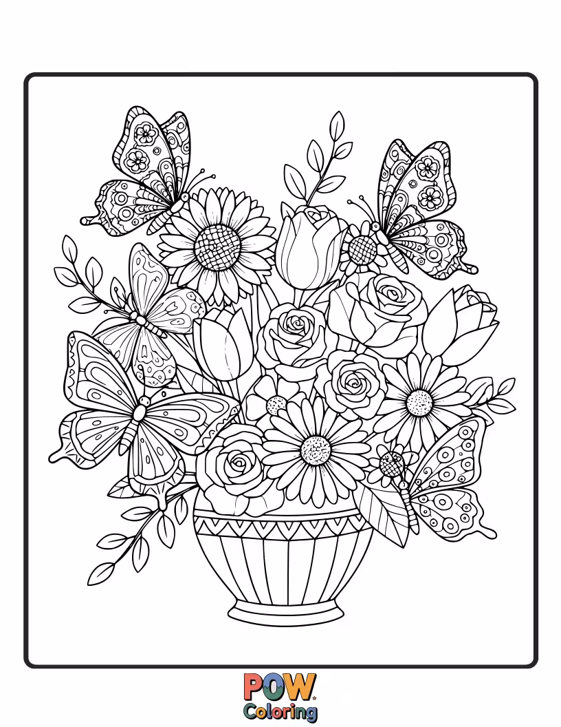 Free coloring page of Vibrant butterflies flutter around this exquisite bouquet bursting with colorful blooms.