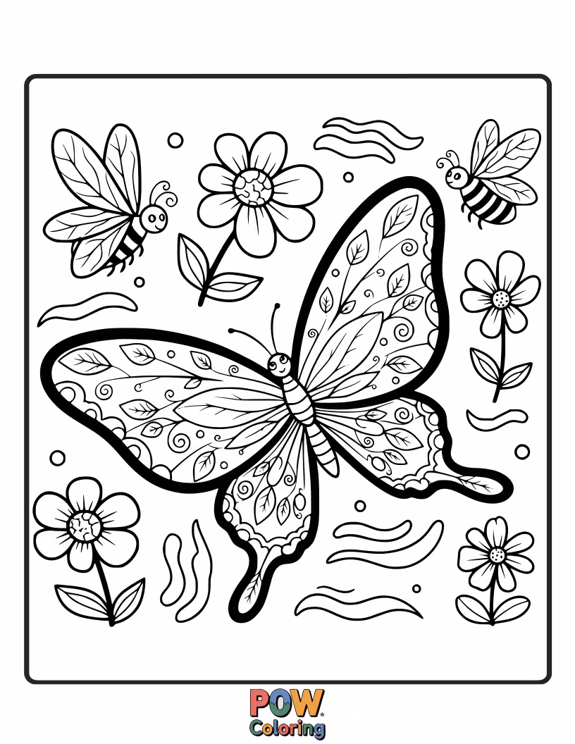 Free coloring page of Butterflies with intricate, patterned wings gracefully dancing amongst a field of blooming flowers, creating a vibrant spectacle.