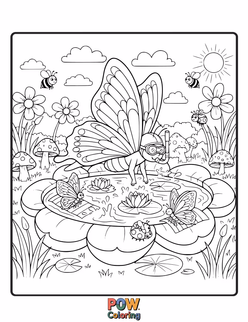 Free coloring page of A beautiful butterfly with delicate wings takes a refreshing dip in a dewdrop, a tiny, magical pool.