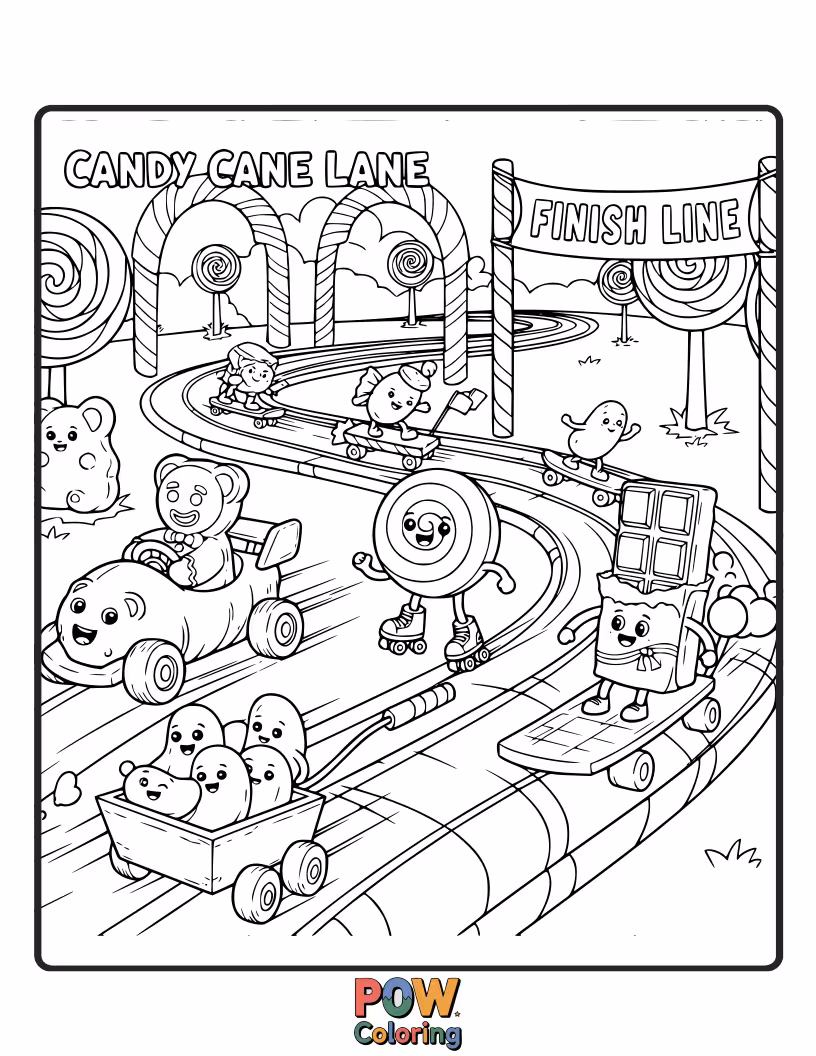 Free coloring page of Whimsical candy canes are curving and twisting, racing each other down a sugary, festive path.