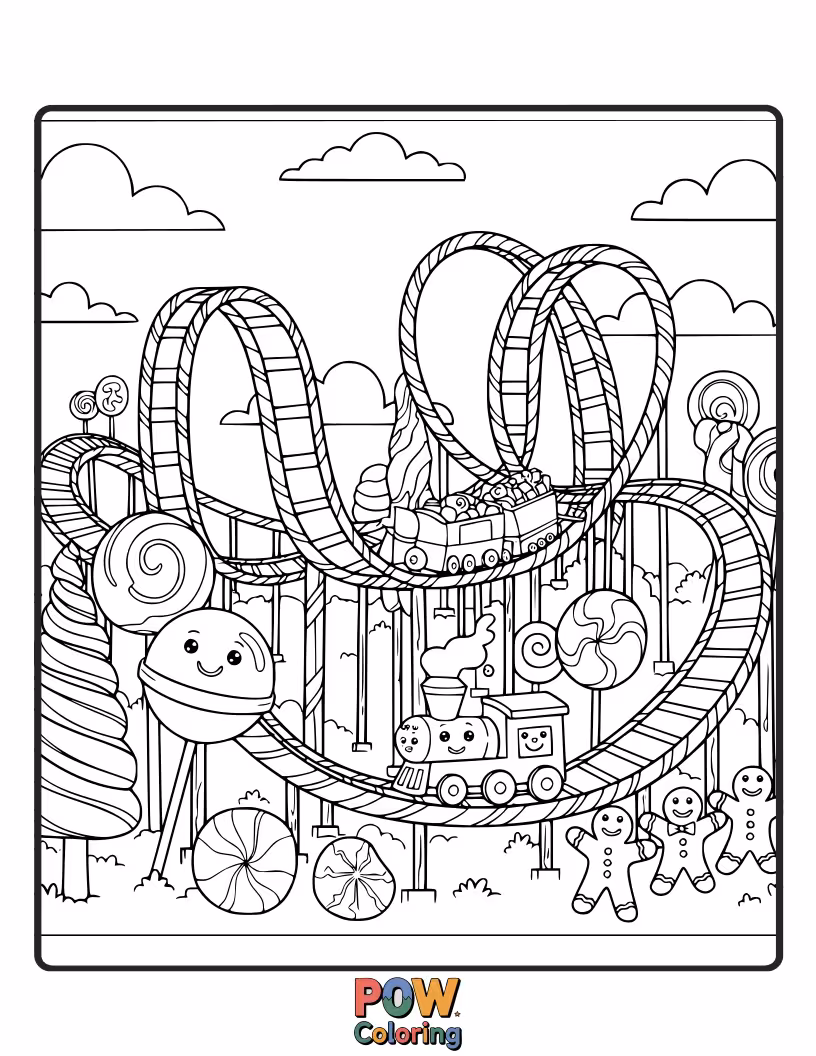 Free coloring page of This festive roller coaster is made of giant candy canes, twisting and turning through a winter wonderland.