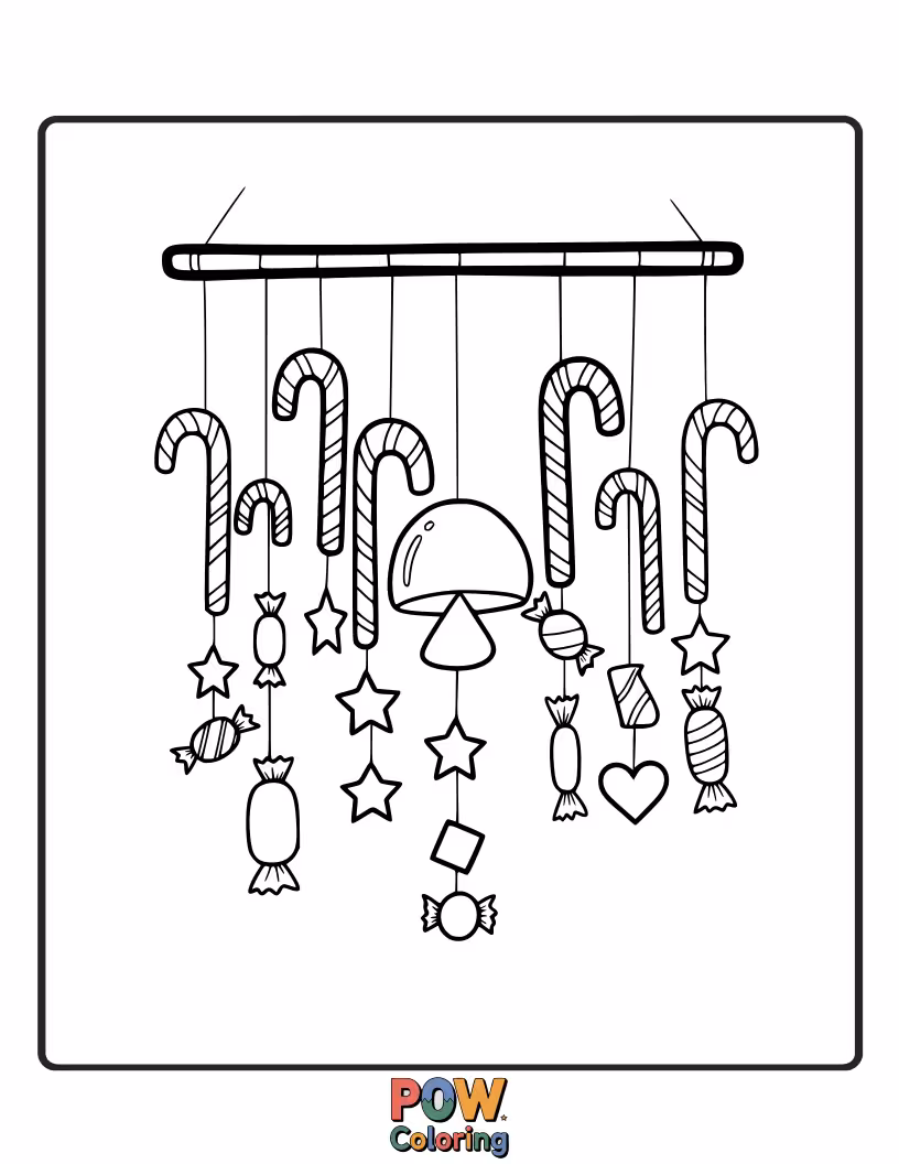 Free coloring page of Sweet wind chimes shaped like candy canes and lollipops, a sugary delight.