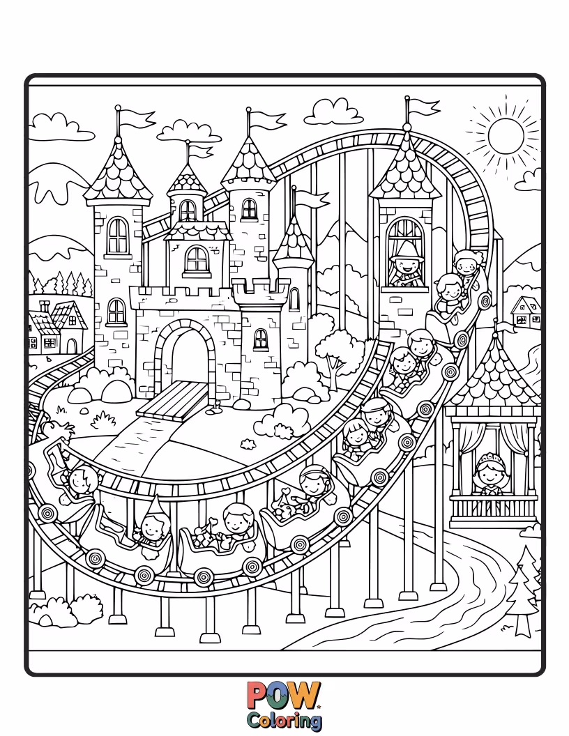 Free coloring page of A magnificent roller coaster weaves around a fairytale castle, complete with turrets and flags.