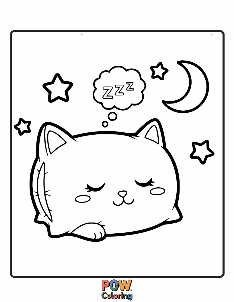 Free coloring page of A sweet cat curled up asleep on a rectangular pillow. Capture the essence of pure feline relaxation in vibrant colors.
