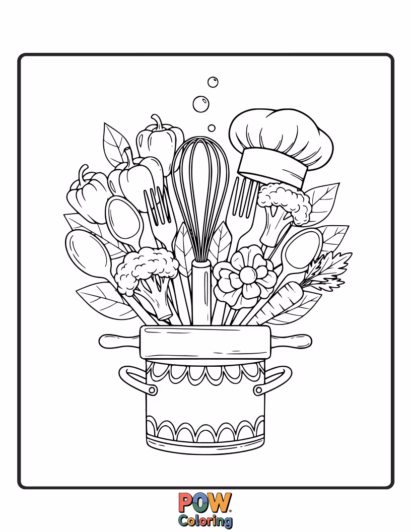 Free coloring page of Culinary creations bloom! A bouquet of edible flowers and kitchen utensil accents.