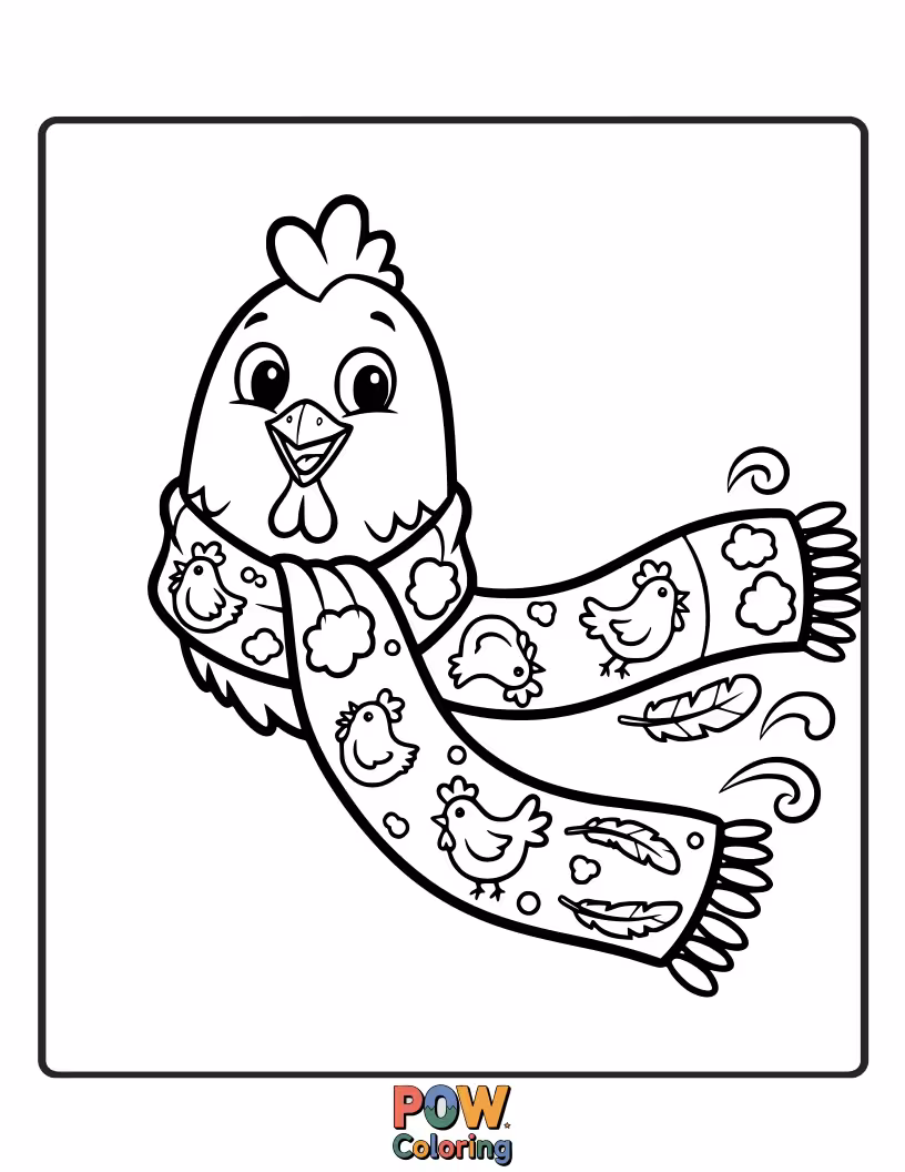 Free coloring page of A fluffy chick peeking out from a warm, cozy scarf. Lots of texture to explore with your coloring tools.