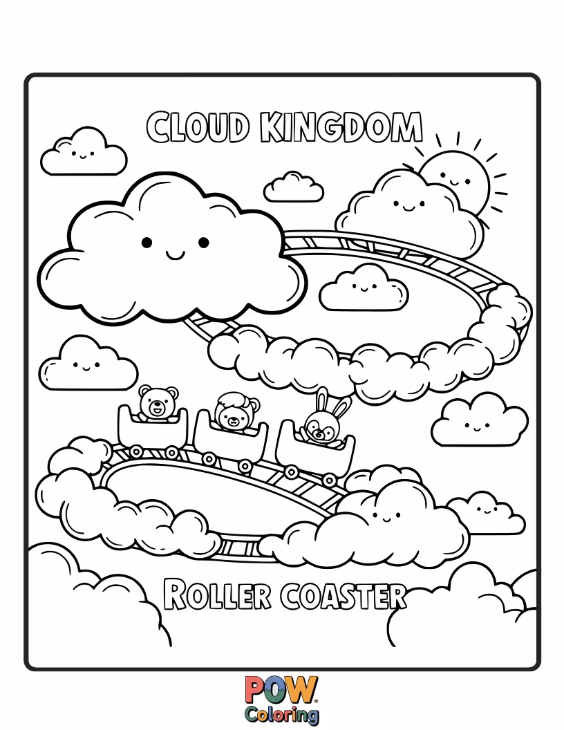 Free coloring page of Ride through a fluffy cloud kingdom on this whimsical roller coaster, encountering sleepy sheep and star dust.