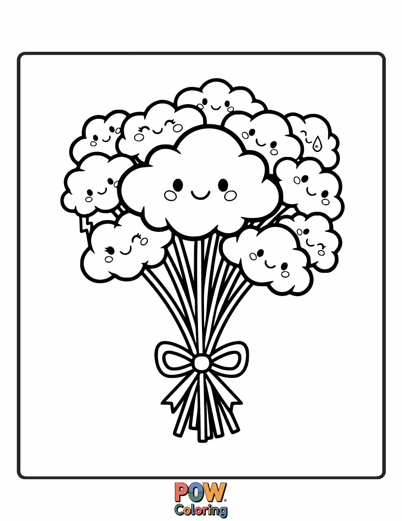 Free coloring page of A dreamy, ethereal bouquet floating amongst fluffy clouds, perfect for peaceful coloring.
