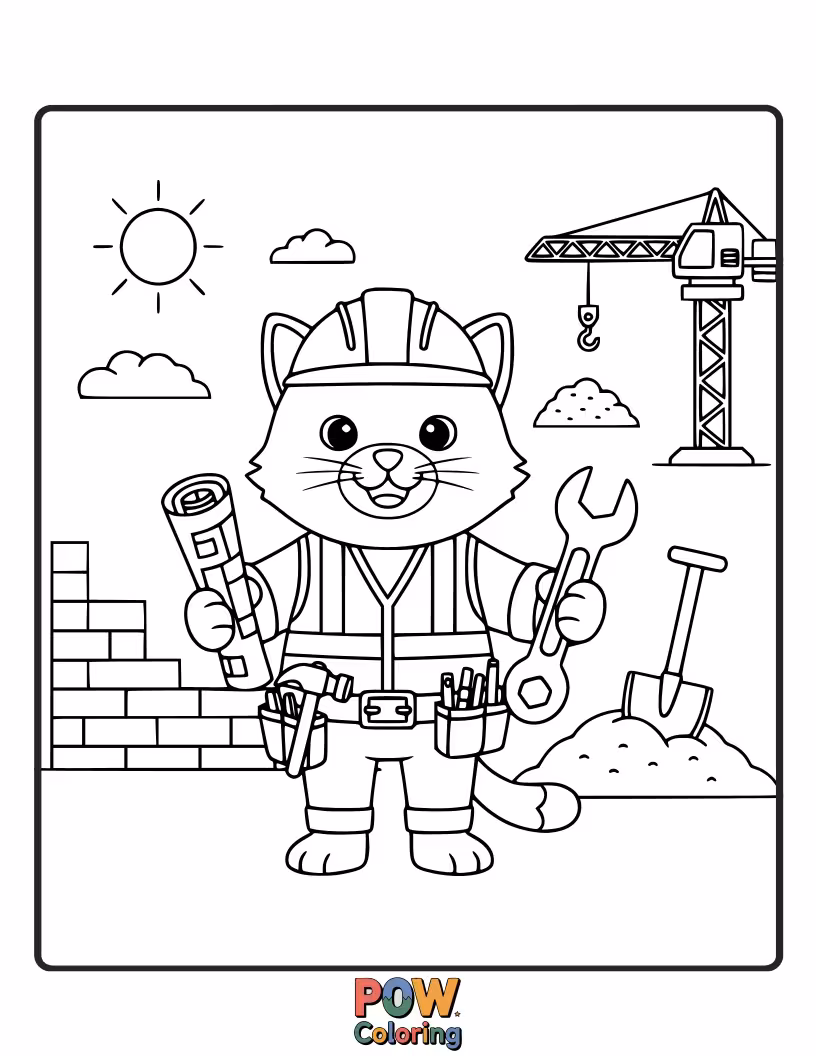 Free coloring page of A cute fluffy cat wearing a small hard hat and holding a paintbrush.