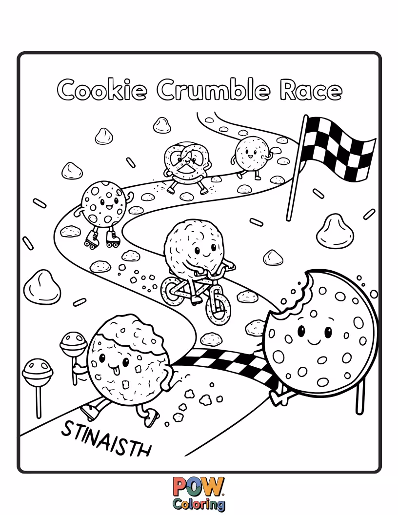 Free coloring page of Deliciously decorated cookies are tumbling and racing, leaving a trail of delightful crumbs.