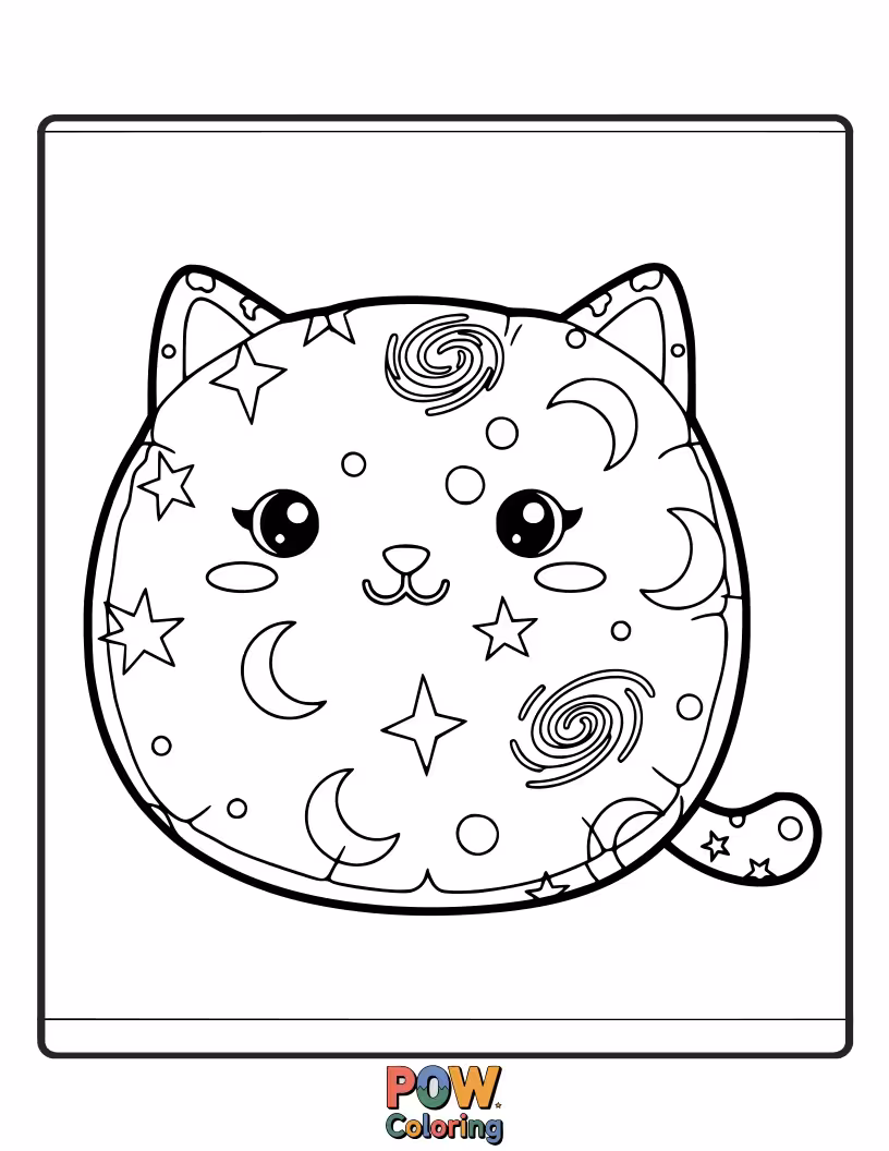 Free coloring page of A cat face pillow peeking out from behind a starry nebula. Imagine the deep space adventures it dreams of.