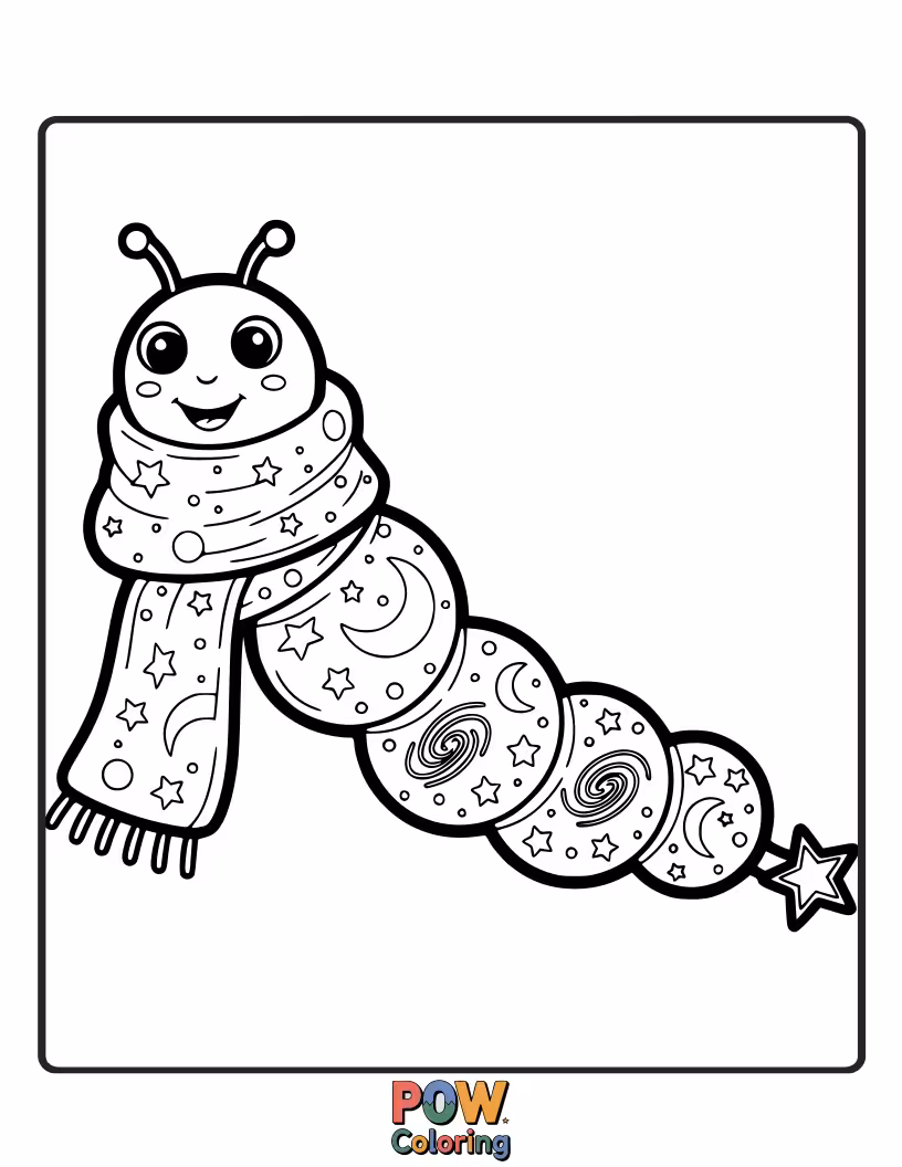 Free coloring page of A starry night scarf with a friendly caterpillar munching on a crescent moon. Sparkle and imagination await!
