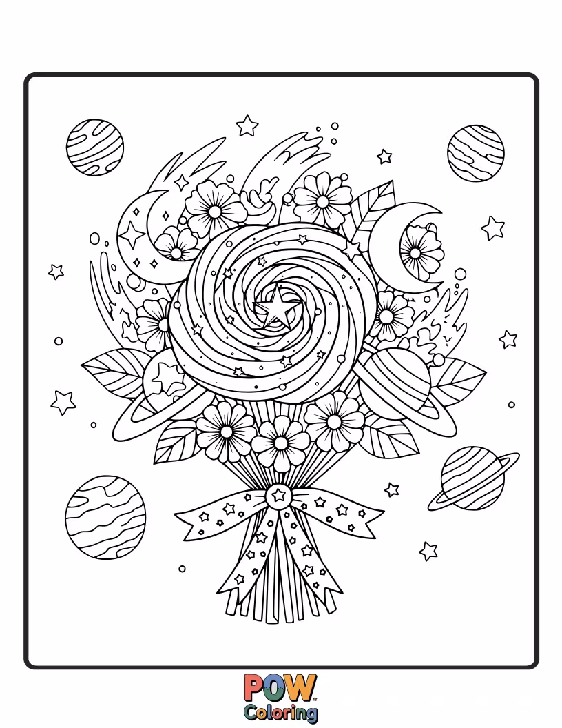 Free coloring page of Stars, planets, and nebulae bloom in this stunning bouquet, a cosmic wonder for your crayons.