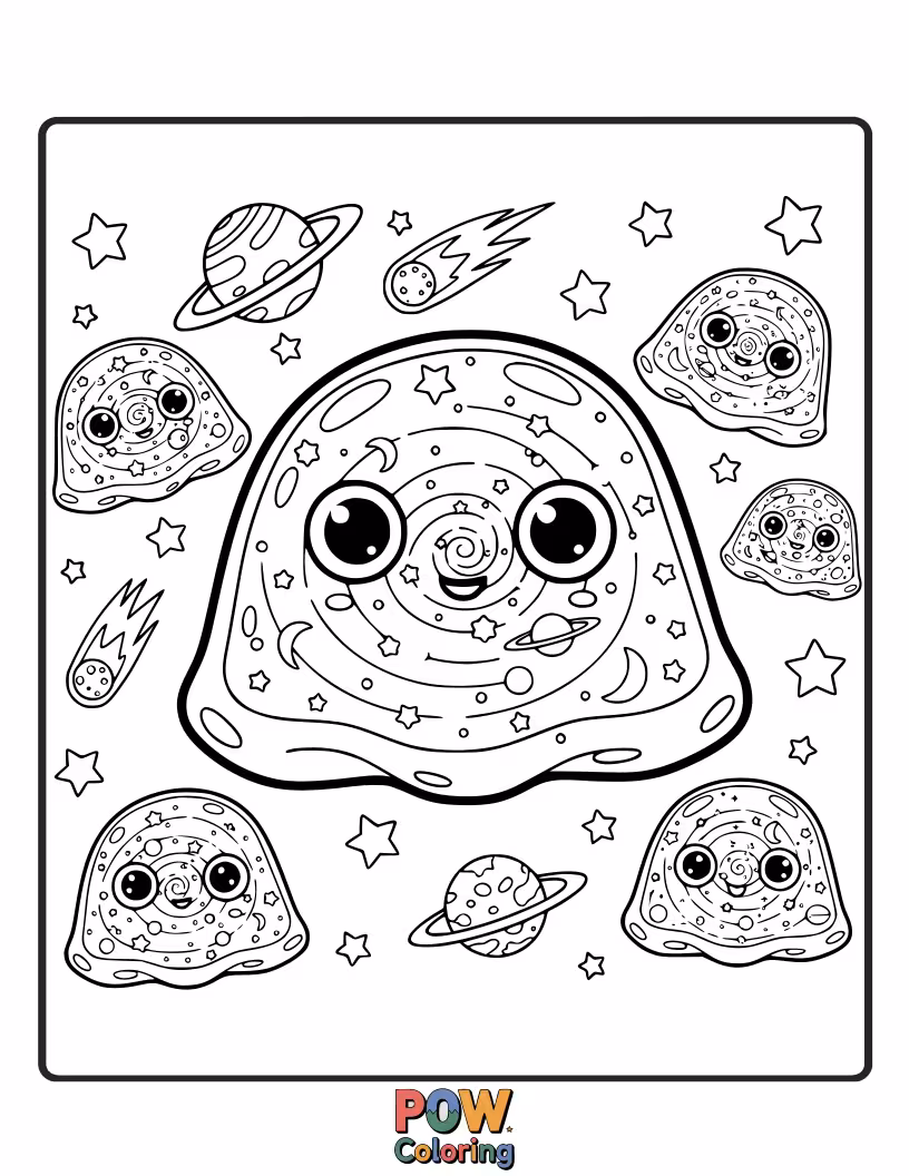 Free coloring page of Discover a swirling galaxy of jelly, sprinkled with edible stars and planets.