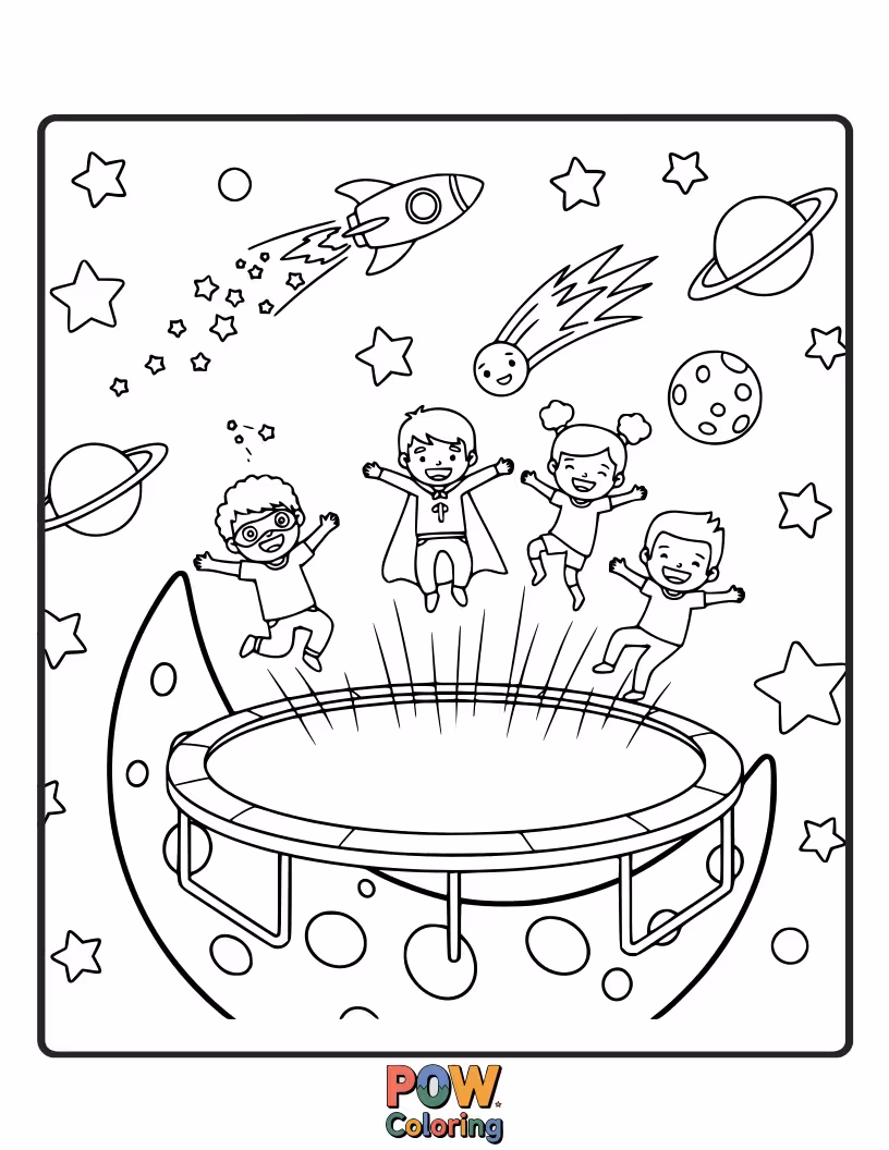 Free coloring page of A child and friendly alien soaring through a starry galaxy, bouncing on a glowing trampoline under a whimsical moon.