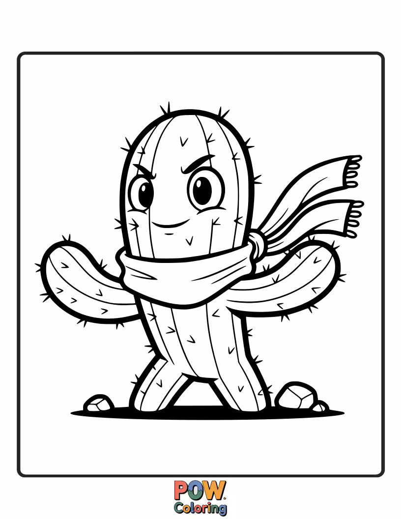 Free coloring page of A quirky cactus wearing a colorful, patterned scarf in a desert scene. Add some prickly personality.