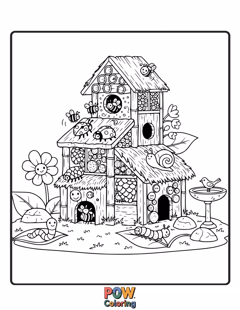 Free coloring page of A charming and intricately designed bug hotel offering a safe haven for tiny garden inhabitants, filled with inviting compartments.
