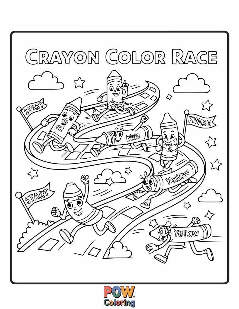 Free coloring page of Brightly colored crayons are zipping and zooming across a paper canvas in a vibrant art race.