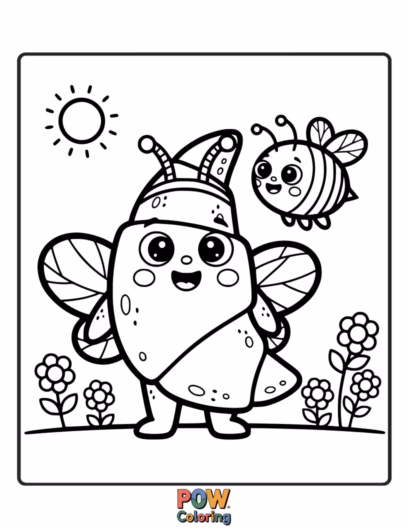 Free coloring page of Adorable croissant with a small, smiling bee nearby.