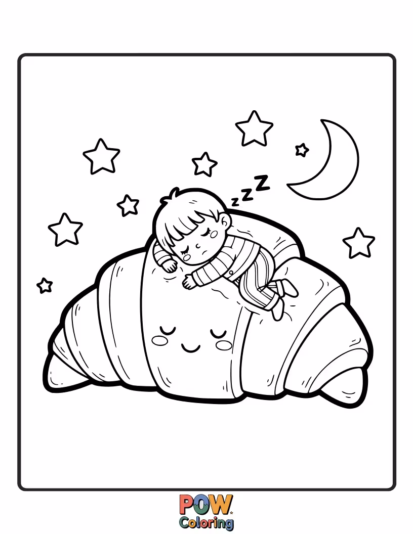 Free coloring page of Adorable croissant resting on a soft, stylized cloud.