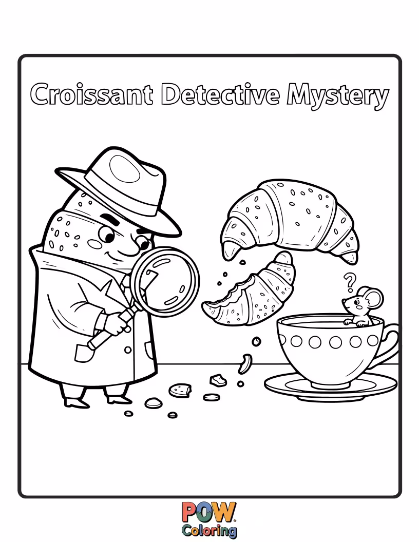 Free coloring page of Cute croissant wearing a detective hat and holding a magnifying glass.