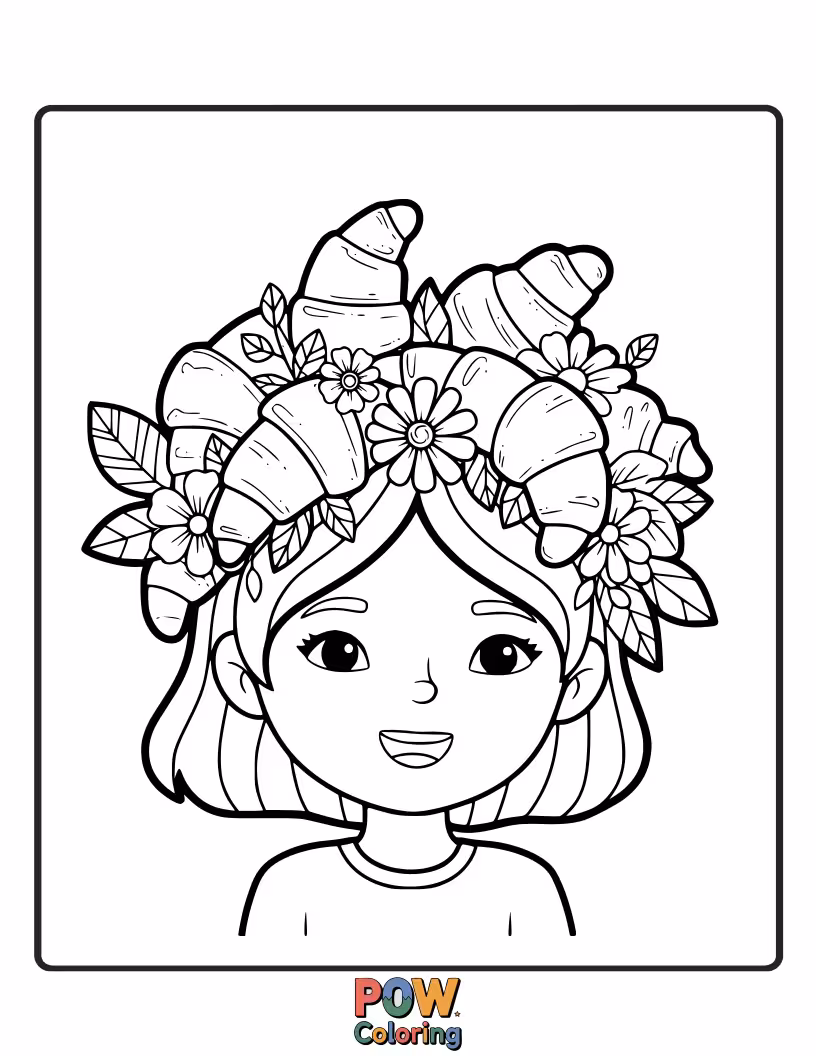 Free coloring page of Minimalist croissant wearing a simple flower crown, gentle expression.