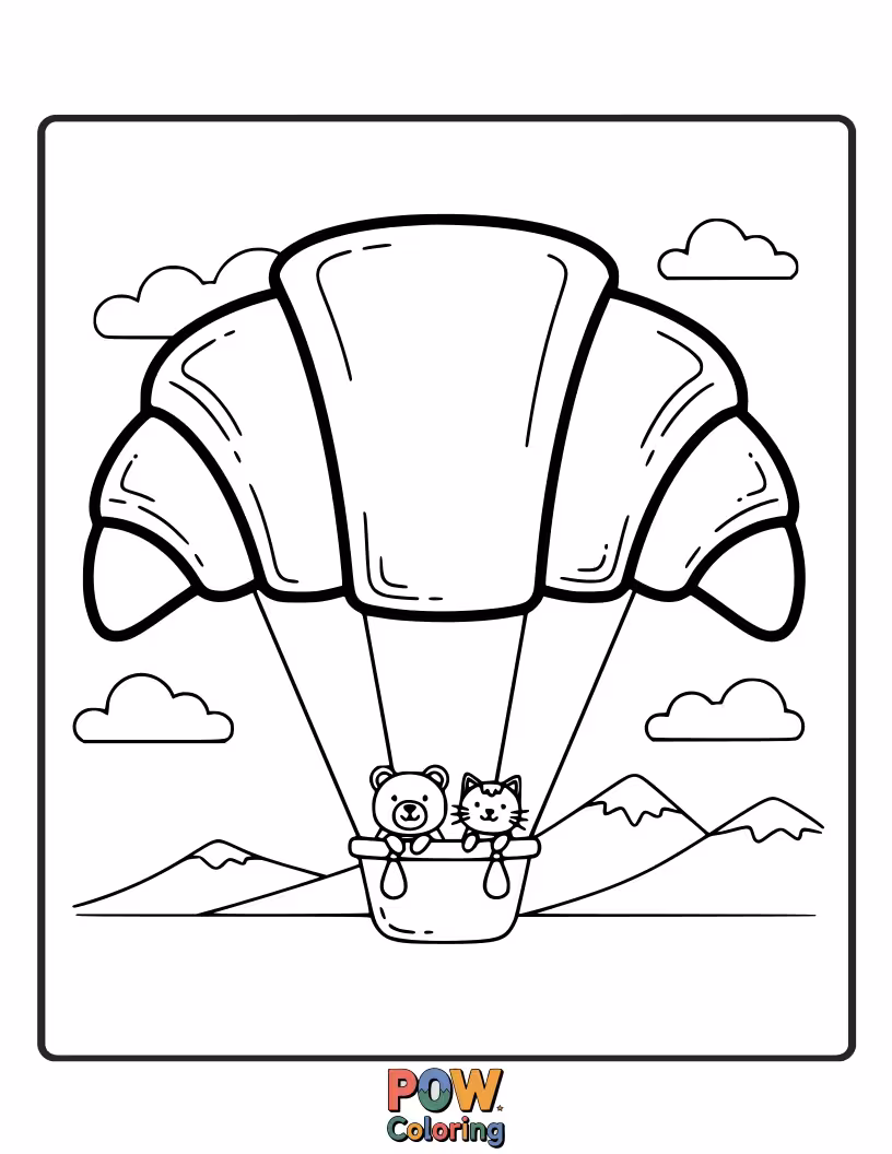 Free coloring page of Minimalist croissant in a small hot air balloon basket.