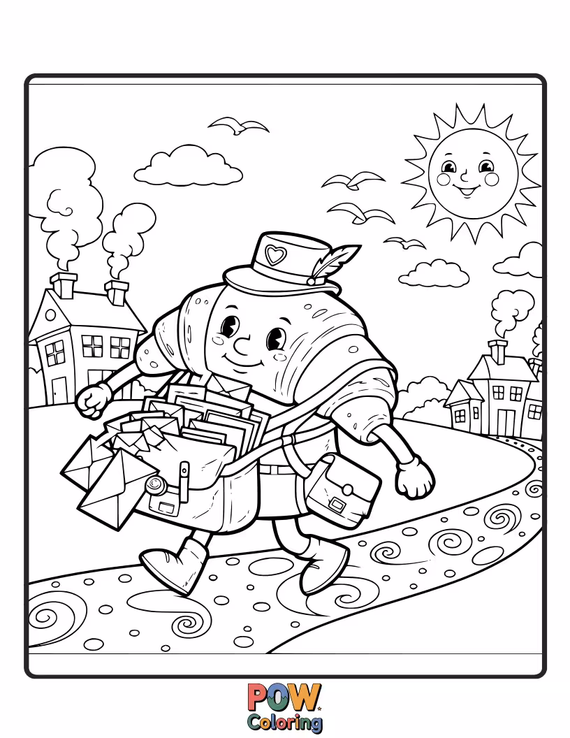 Free coloring page of Cute croissant in a mail carrier uniform, holding a miniature letter.