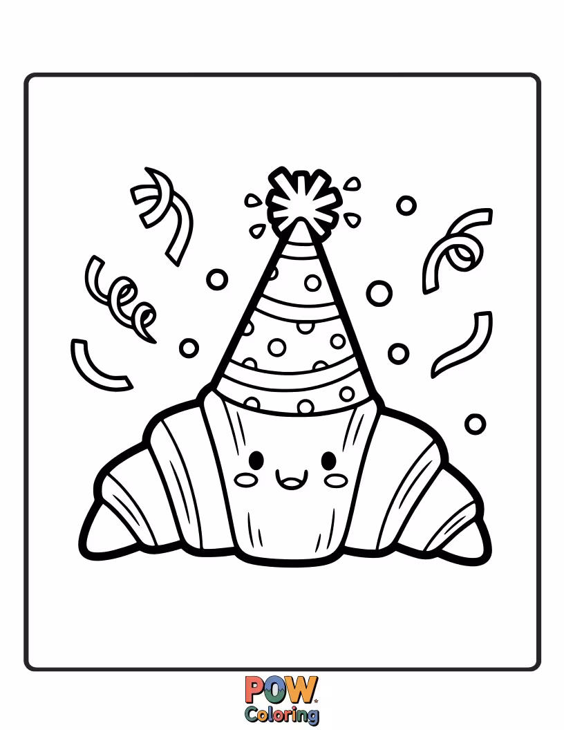 Free coloring page of Cute croissant wearing a small, colorful party hat, smiling.