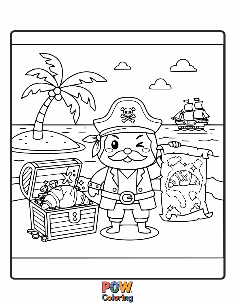 Free coloring page of Cute croissant wearing a pirate hat, holding a tiny spyglass.