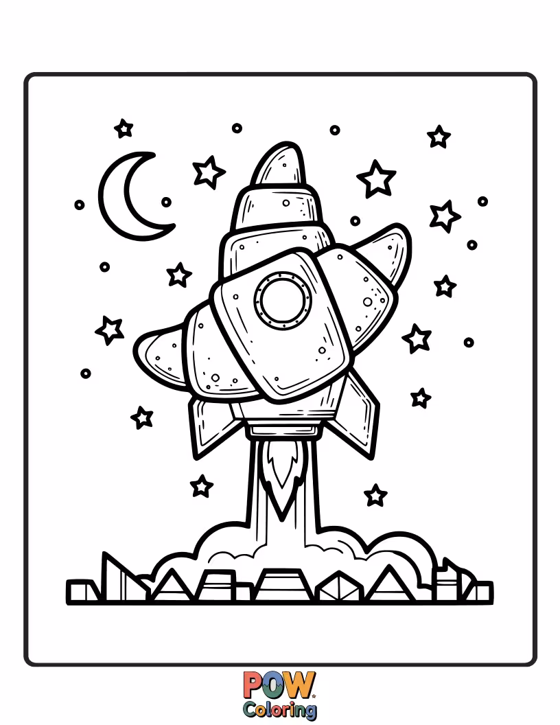 Free coloring page of Cute croissant shaped like a rocket blasting off, with simple flames.