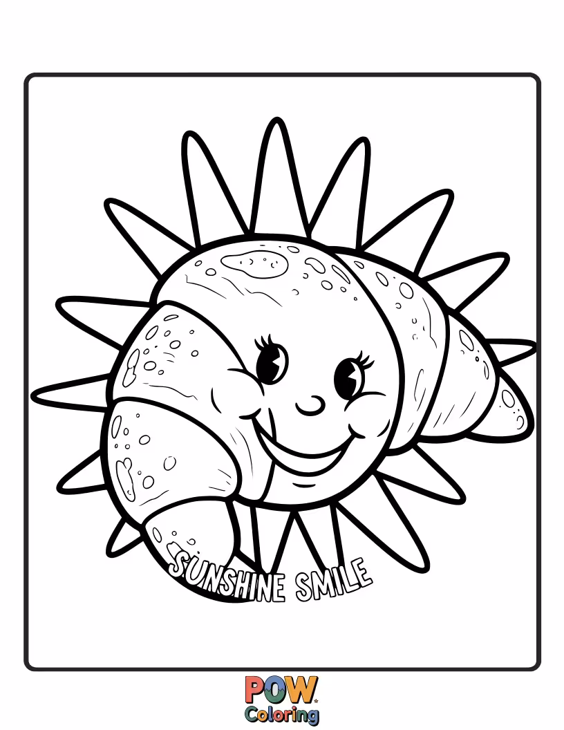 Free coloring page of Smiling croissant with a simple, bright sun design.