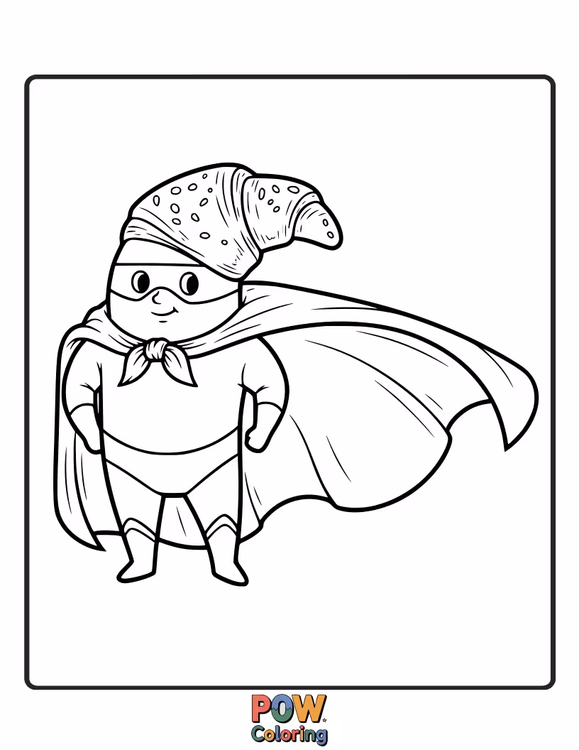 Free coloring page of Minimalist croissant wearing a superhero cape, ready for action.