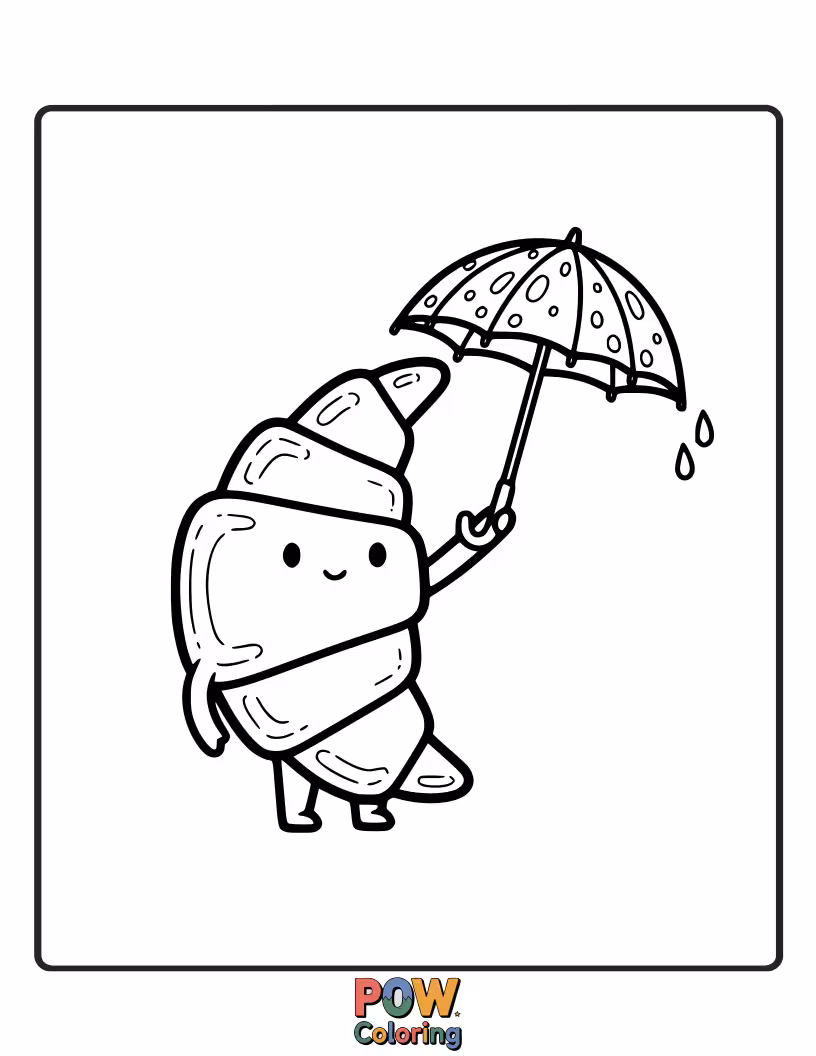 Free coloring page of Adorable croissant holding a small umbrella, with simple rain drops.
