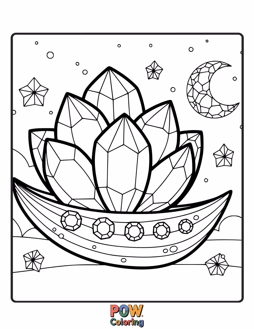 Free coloring page of A breathtaking ship crafted from delicate crystal flowers, reflecting shimmering light as it sails through a starry night.