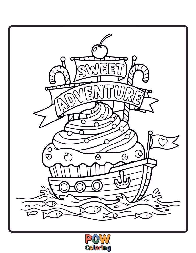 Free coloring page of A delightful ship designed like a giant cupcake, sailing towards a sweet island made of cookies and candy.