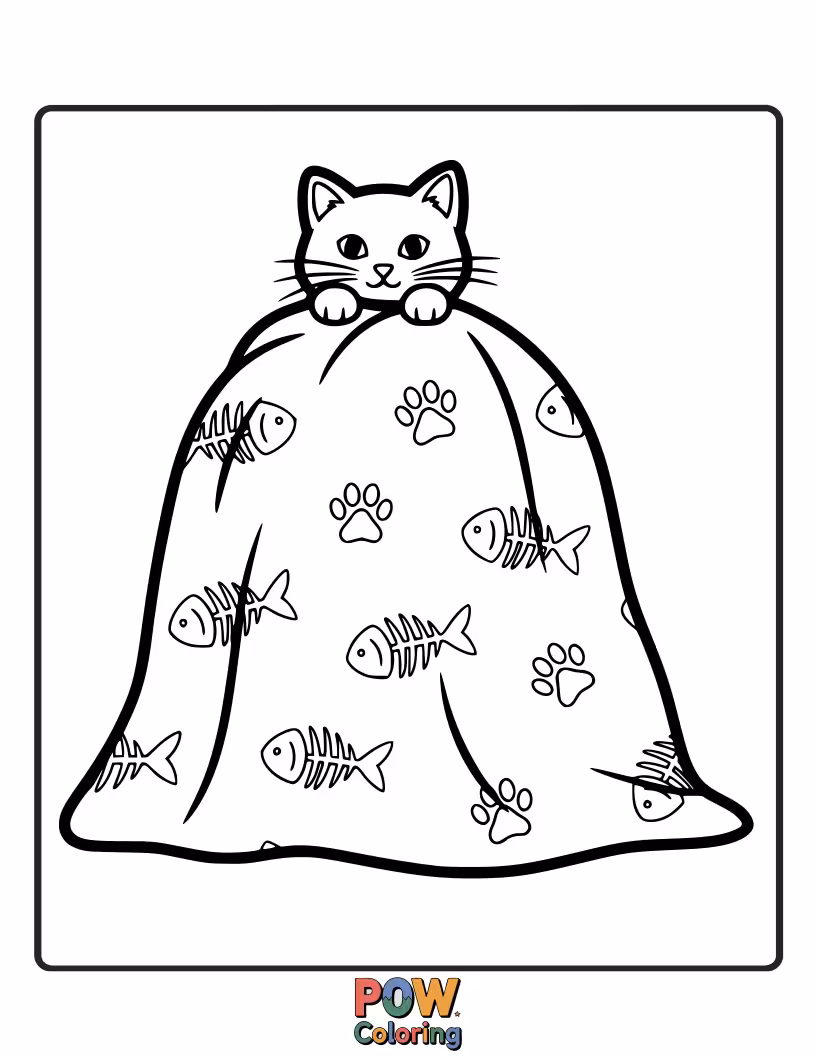 Free coloring page of A purring cat curled up snugly within the folds of a soft, patterned blanket.