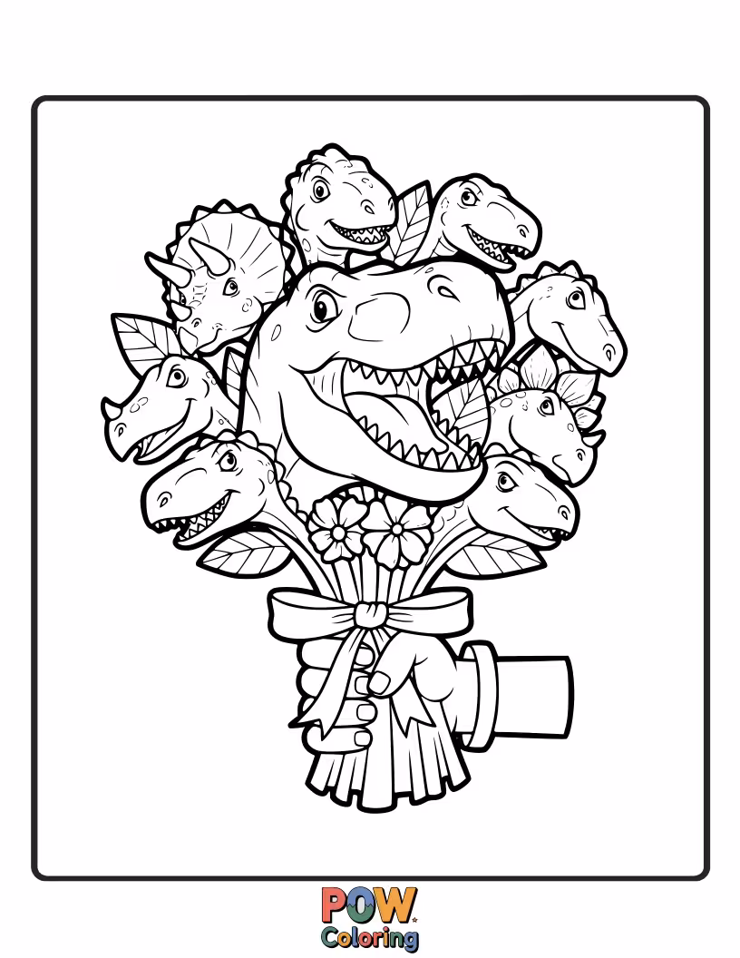 Free coloring page of Prehistoric plants and playful dinosaurs create a roaringly fun floral arrangement.